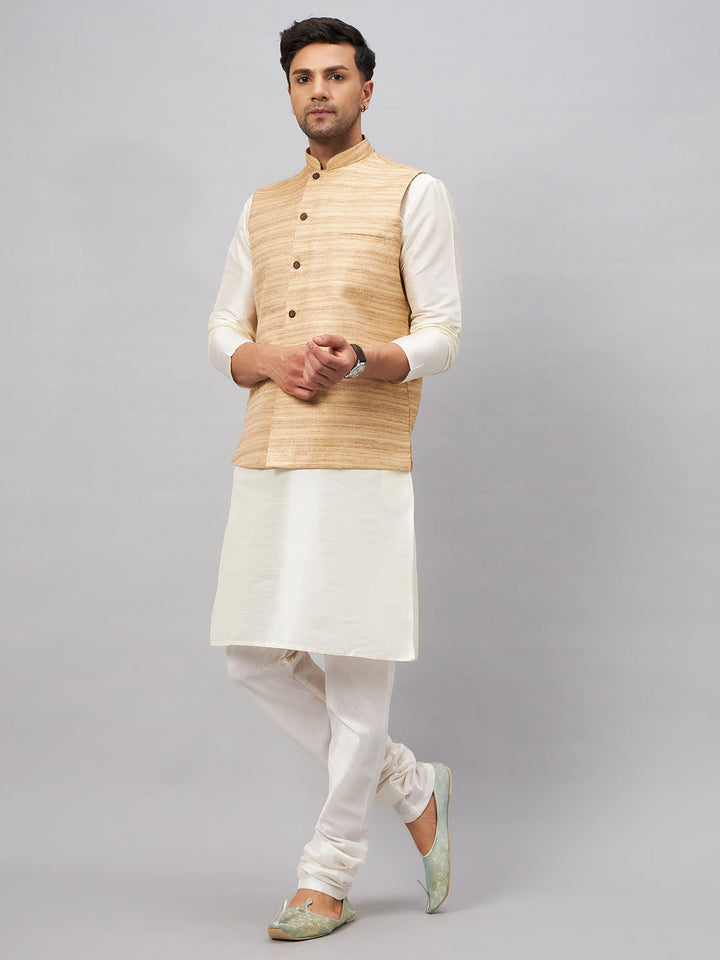 VM BY VASTRAMAY Men's Beige Matka Silk Nehru Jacket With Cream Silk Blend Kurta Pyjama Set