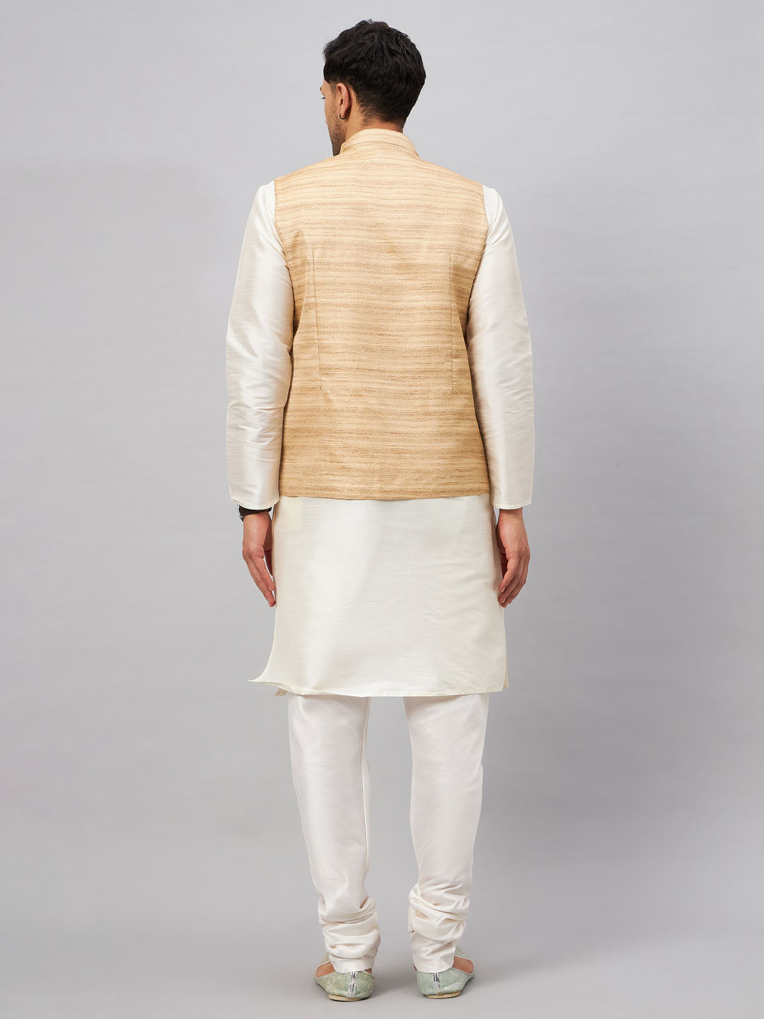 VM BY VASTRAMAY Men's Beige Matka Silk Nehru Jacket With Cream Silk Blend Kurta Pyjama Set