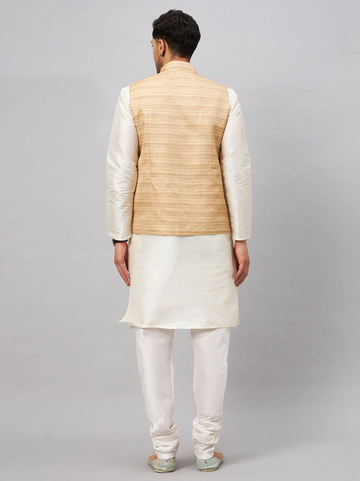 VM BY VASTRAMAY Men's Beige Matka Silk Nehru Jacket With Cream Silk Blend Kurta Pyjama Set