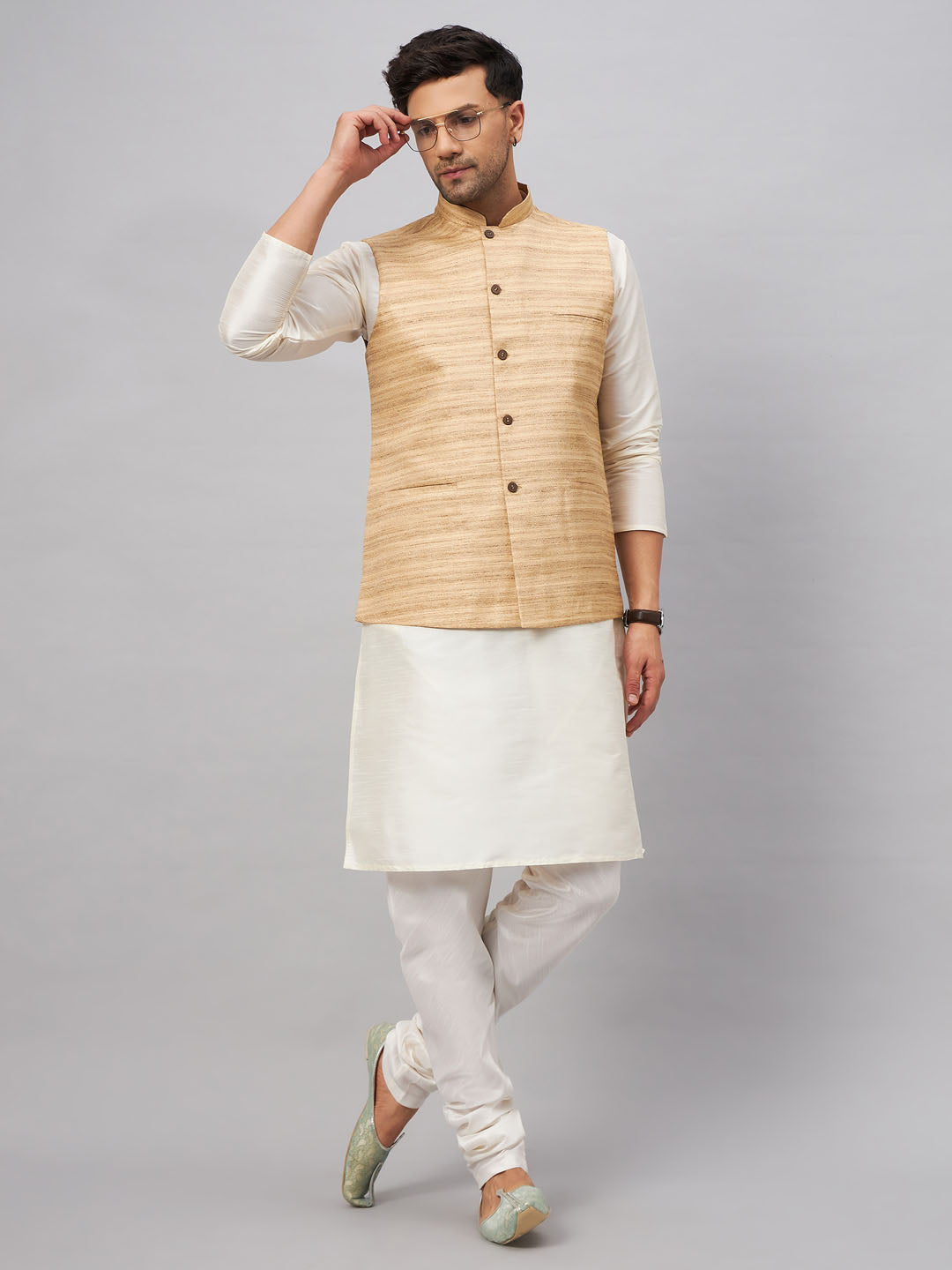 VM BY VASTRAMAY Men's Beige Matka Silk Nehru Jacket With Cream Silk Blend Kurta Pyjama Set