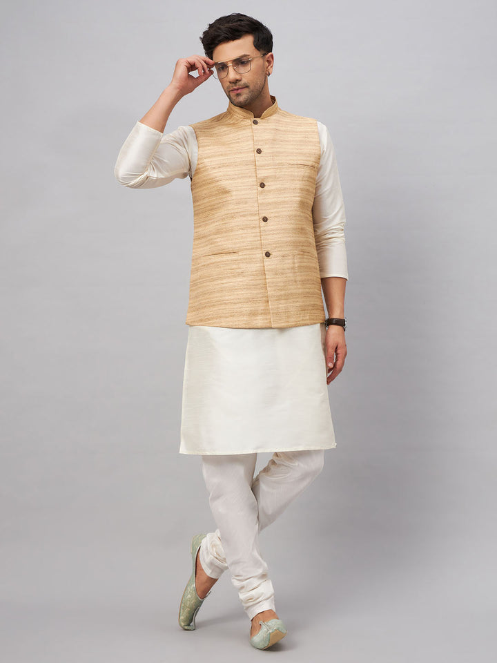 VM BY VASTRAMAY Men's Beige Matka Silk Nehru Jacket With Cream Silk Blend Kurta Pyjama Set