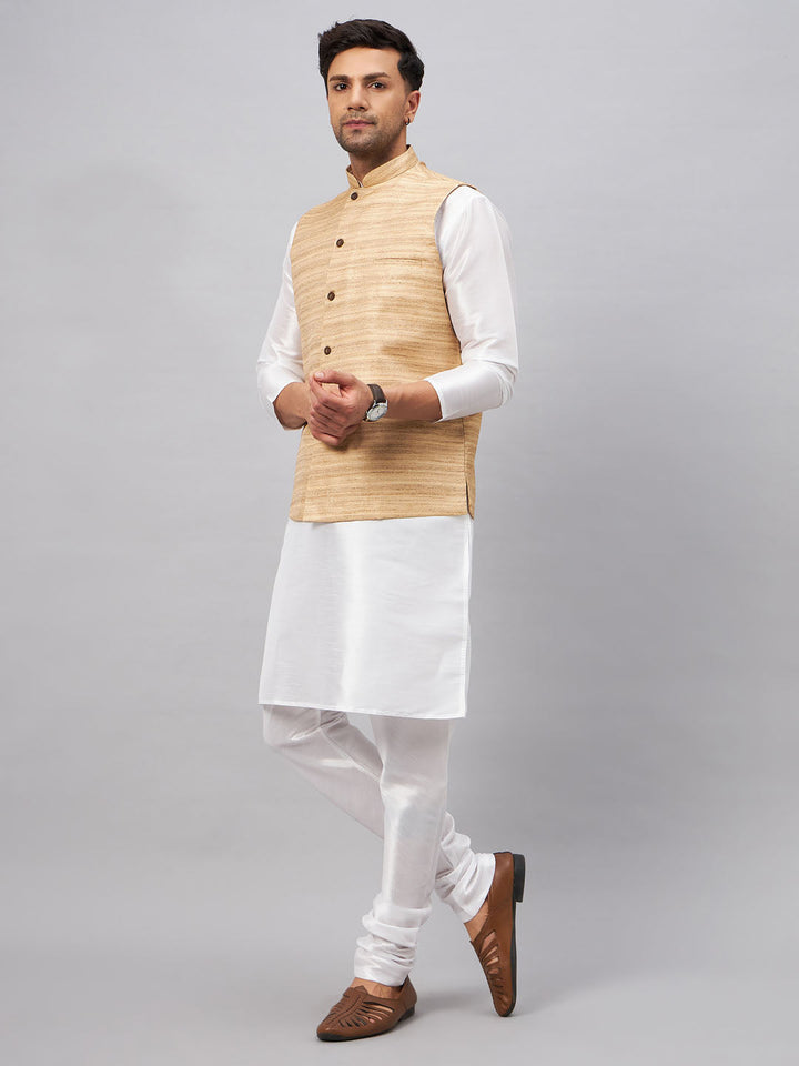 VM BY VASTRAMAY Men's Beige Matka Silk Nehru Jacket With White Silk Blend Kurta Pyjama Set