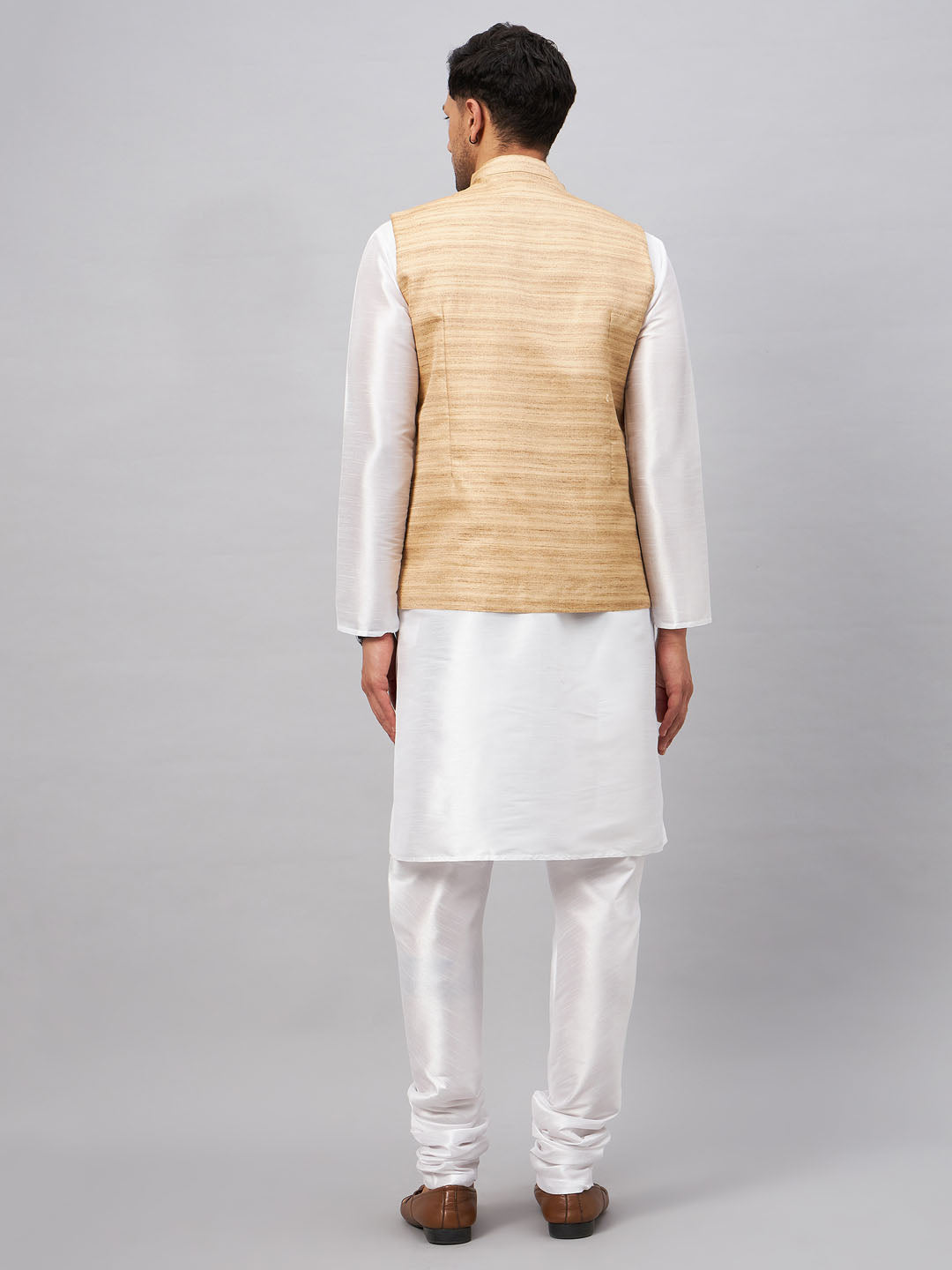 VM BY VASTRAMAY Men's Beige Matka Silk Nehru Jacket With White Silk Blend Kurta Pyjama Set