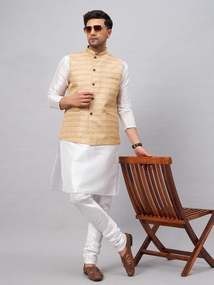 VM BY VASTRAMAY Men's Beige Matka Silk Nehru Jacket With White Silk Blend Kurta Pyjama Set