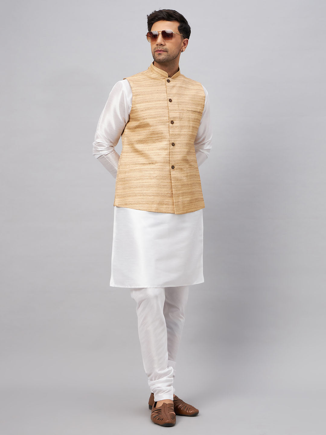 VM BY VASTRAMAY Men's Beige Matka Silk Nehru Jacket With White Silk Blend Kurta Pyjama Set