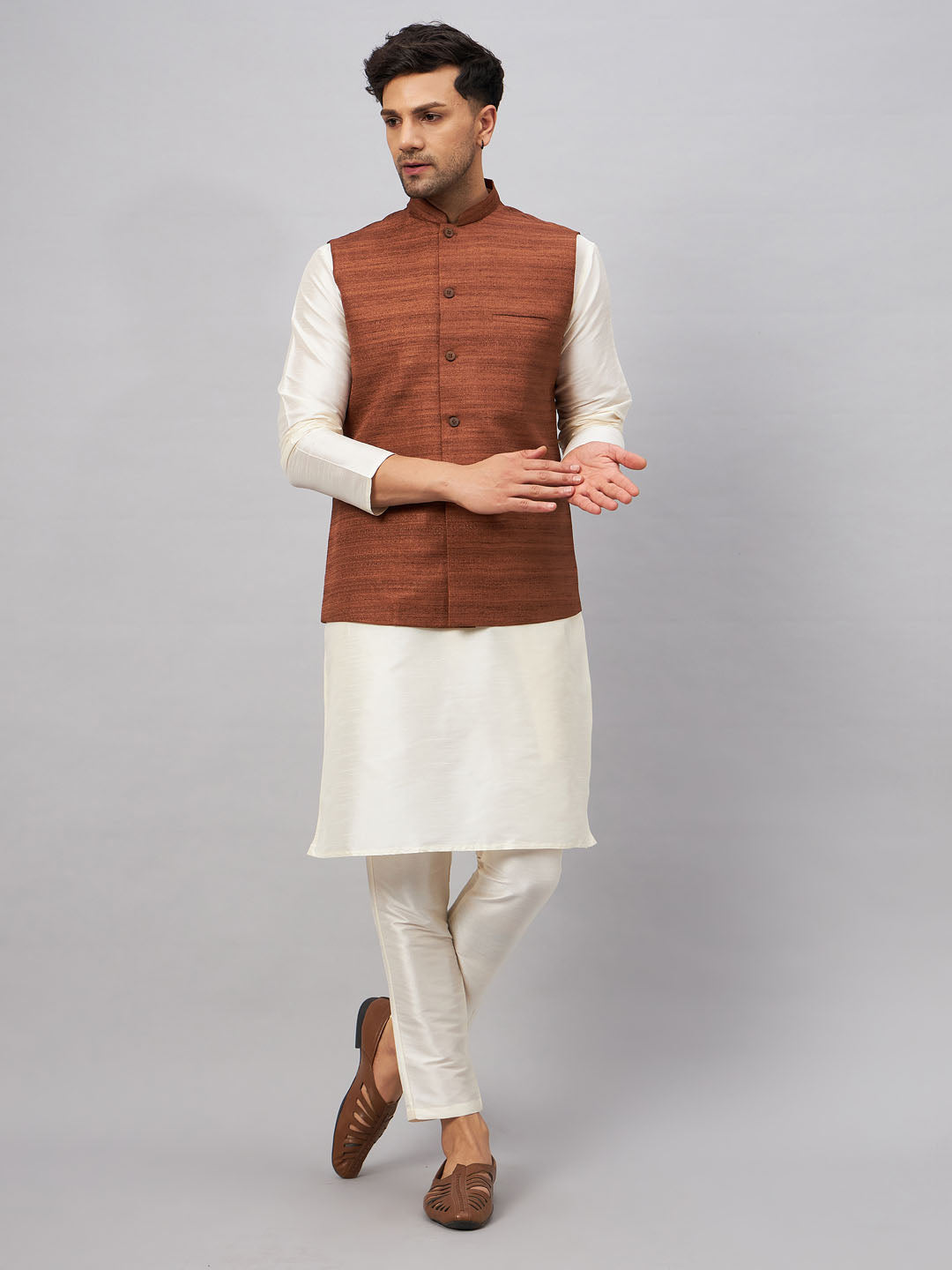  Vastramay Men's Coffee Kurta and Jacket Set perfect for special occasions and festivals, made from premium quality fabric