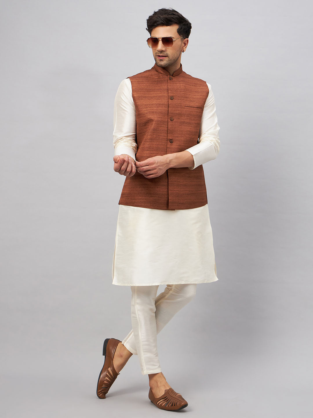  Traditional Indian Men's Kurta and Jacket Set in rich coffee color with intricate design and button detailing