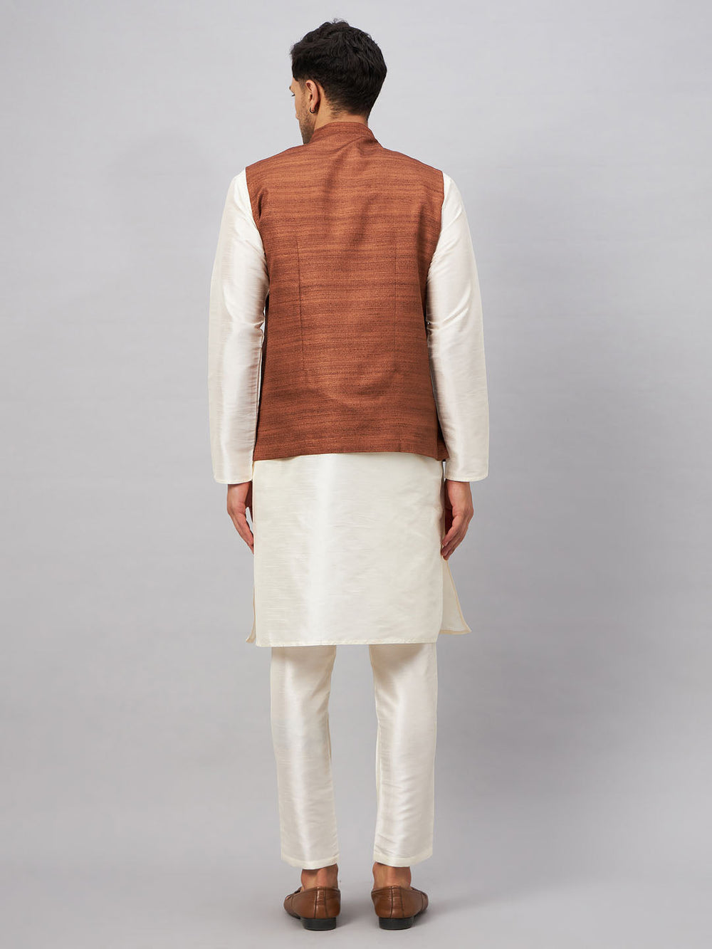 VM BY Vastramay Men's Coffee Jacket With Cream Kurta And Pant Set, perfect for formal occasions and special events, complete with a stylish and sophisticated design