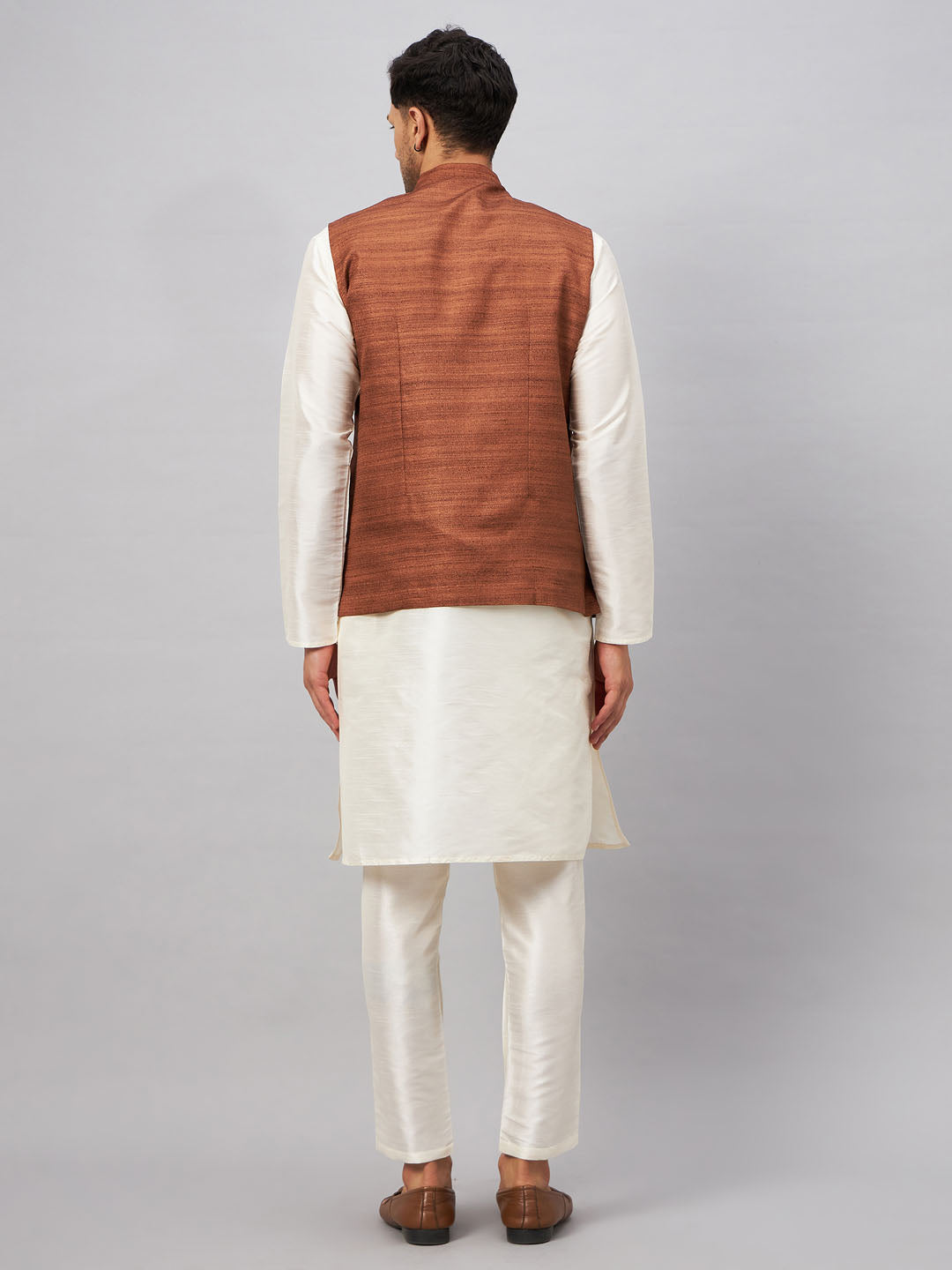 VM BY Vastramay Men's Coffee Jacket With Cream Kurta And Pant Set, perfect for formal occasions and special events, complete with a stylish and sophisticated design