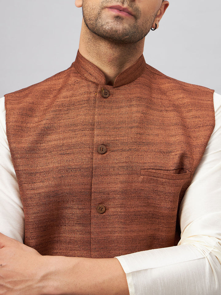 A stylish and sophisticated VM BY Vastramay men's coffee jacket with cream kurta and pant set, perfect for formal occasions and special events