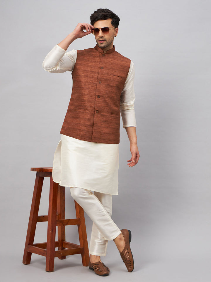 Fashionable and comfortable VM BY Vastramay Men's Coffee Jacket With Cream Kurta And Pant Set for festive gatherings