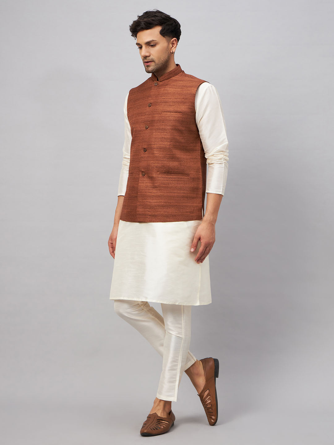 Stylish and sophisticated VM BY Vastramay Men's Coffee Jacket With Cream Kurta And Pant Set for traditional events