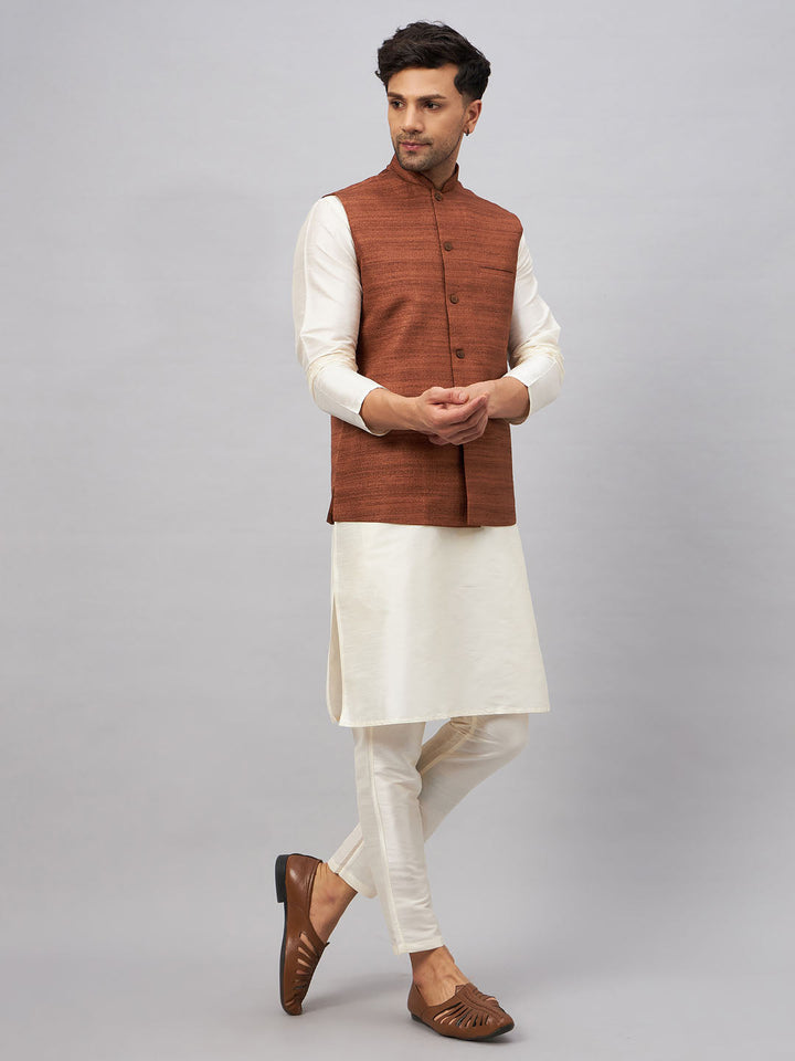 Vastramay Men's Coffee Kurta and Jacket Set featuring intricate embroidery and mandarin collar for a stylish ethnic look