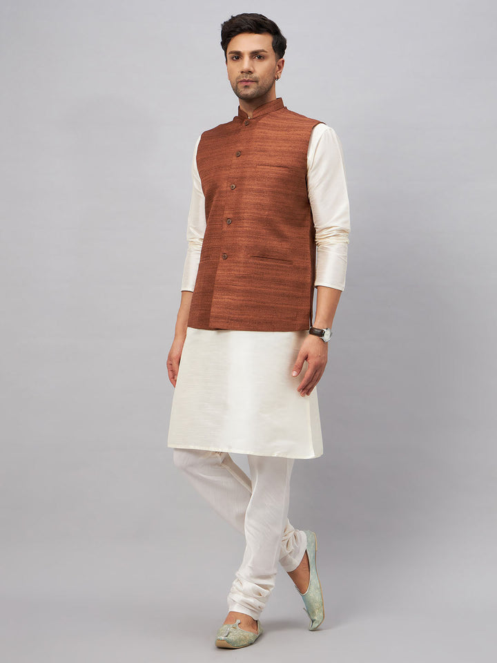 VM BY VASTRAMAY Men's Coffee Matka Silk Nehru Jacket With Cream Silk Blend Kurta Pyjama Set