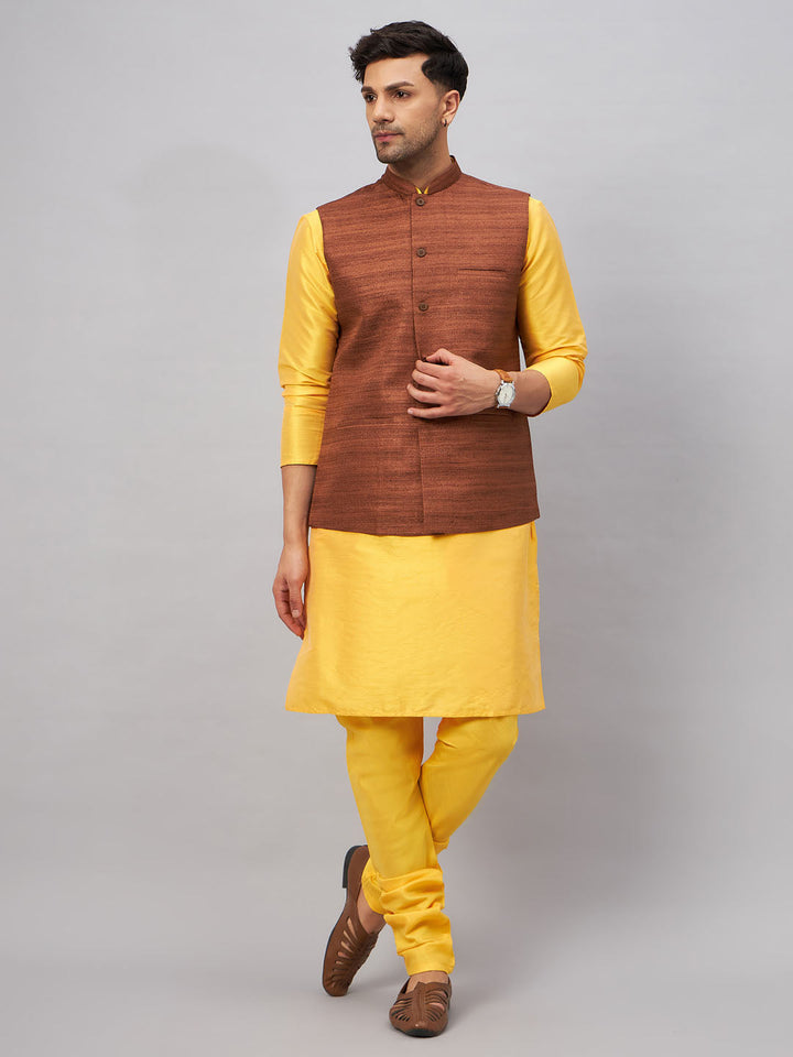 VM BY VASTRAMAY Men's Coffee Jacket With Yellow Kurta And Pyjama Set