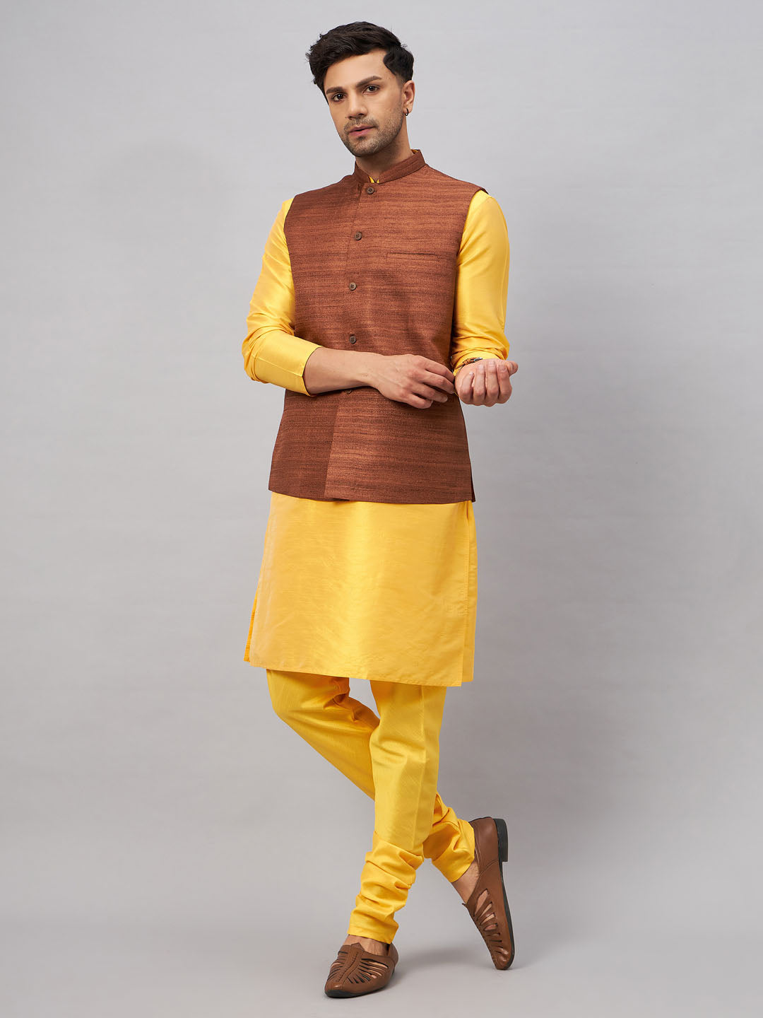 VM BY VASTRAMAY Men's Coffee Jacket With Yellow Kurta And Pyjama Set