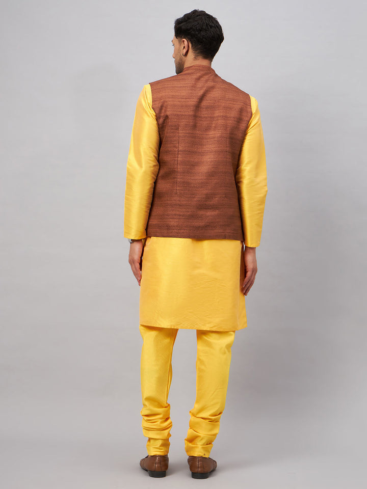 VM BY VASTRAMAY Men's Coffee Jacket With Yellow Kurta And Pyjama Set