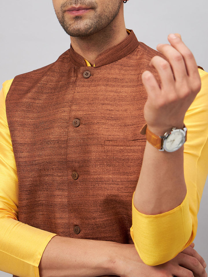 VM BY VASTRAMAY Men's Coffee Jacket With Yellow Kurta And Pyjama Set