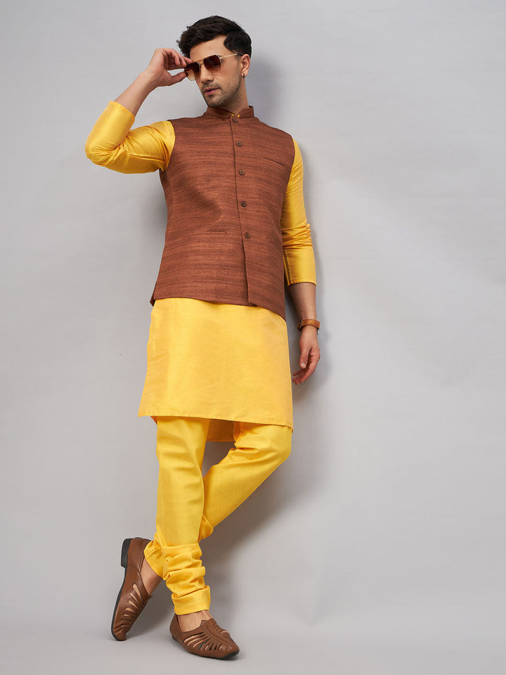 VM BY VASTRAMAY Men's Coffee Jacket With Yellow Kurta And Pyjama Set