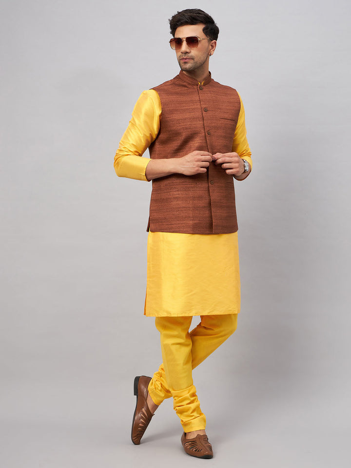 VM BY VASTRAMAY Men's Coffee Jacket With Yellow Kurta And Pyjama Set