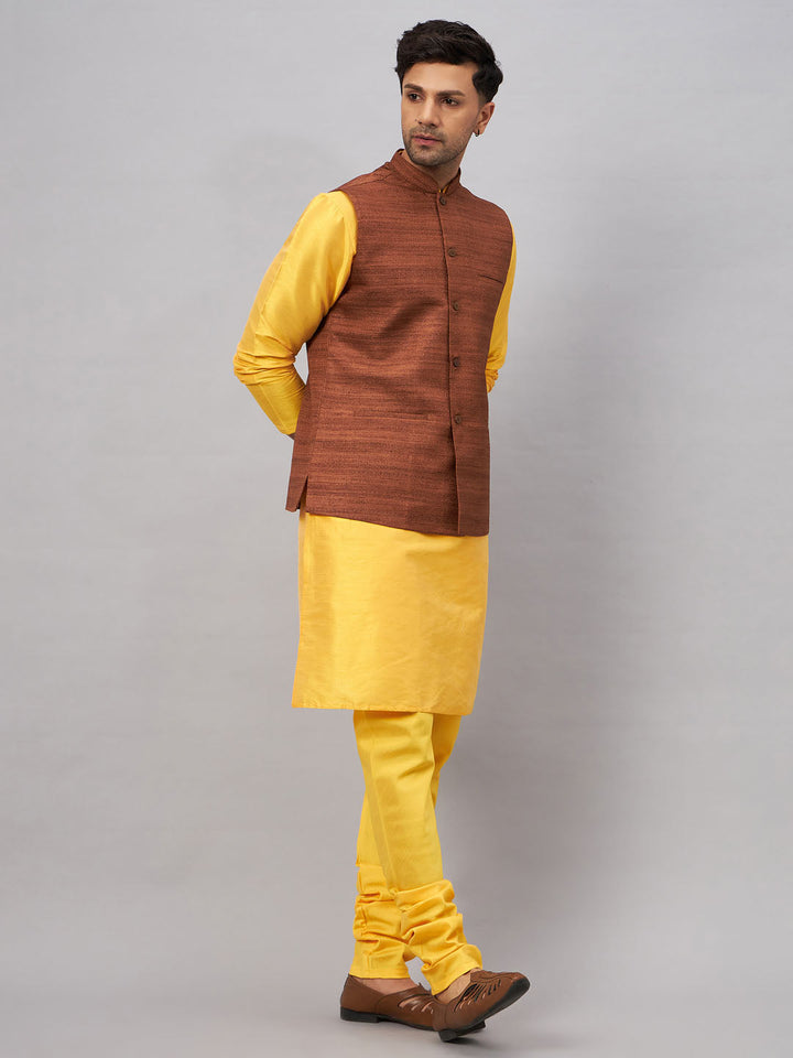 VM BY VASTRAMAY Men's Coffee Jacket With Yellow Kurta And Pyjama Set