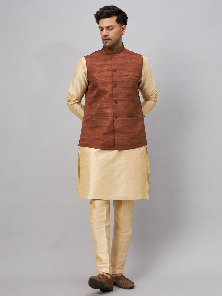  Elegant and modern men's coffee jacket with matching gold kurta and pant 