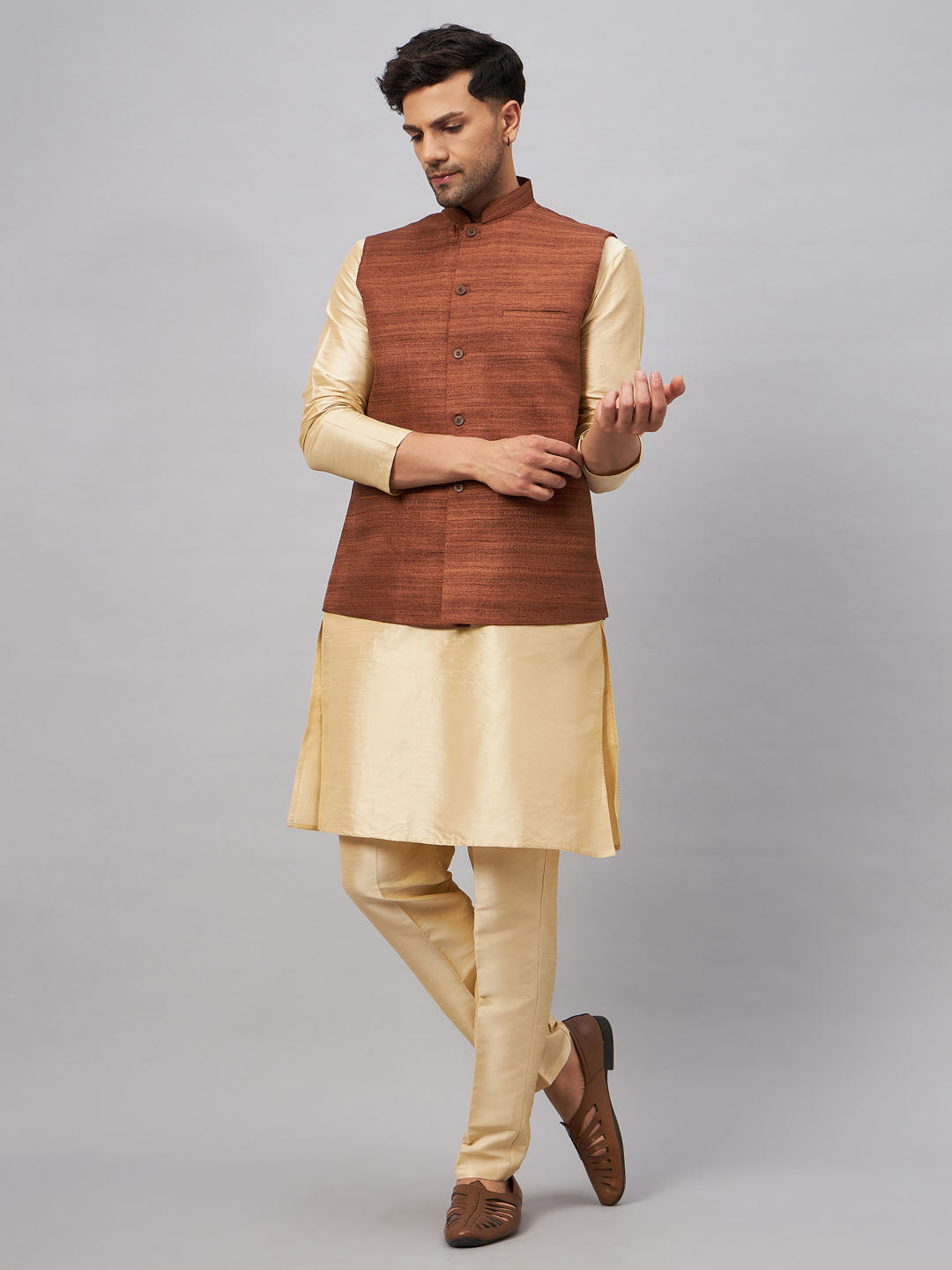 VM BY VASTRAMAY Men's Coffee Jacket With Gold Kurta And Pant Set