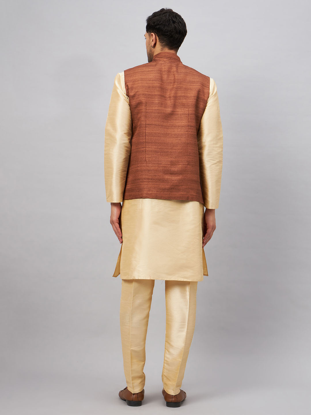 Alt text: VASTRAMAY Men's Coffee Jacket Kurta Set - Traditional Indian ethnic wear for men in rich coffee brown color with intricate detailing and a matching jacket