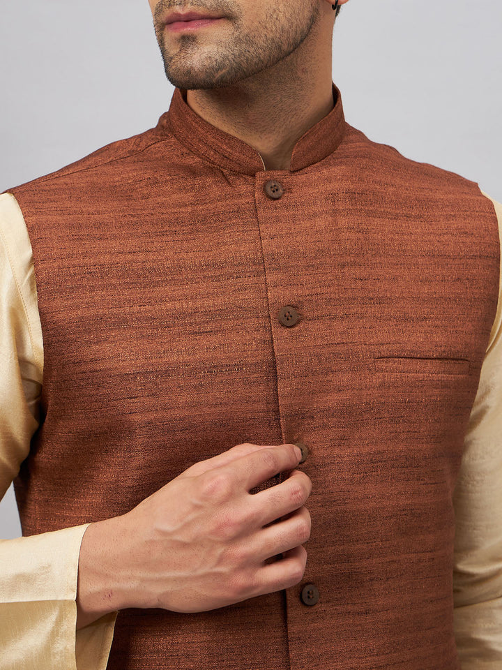  Side view of the coffee-colored jacket with intricate design details 