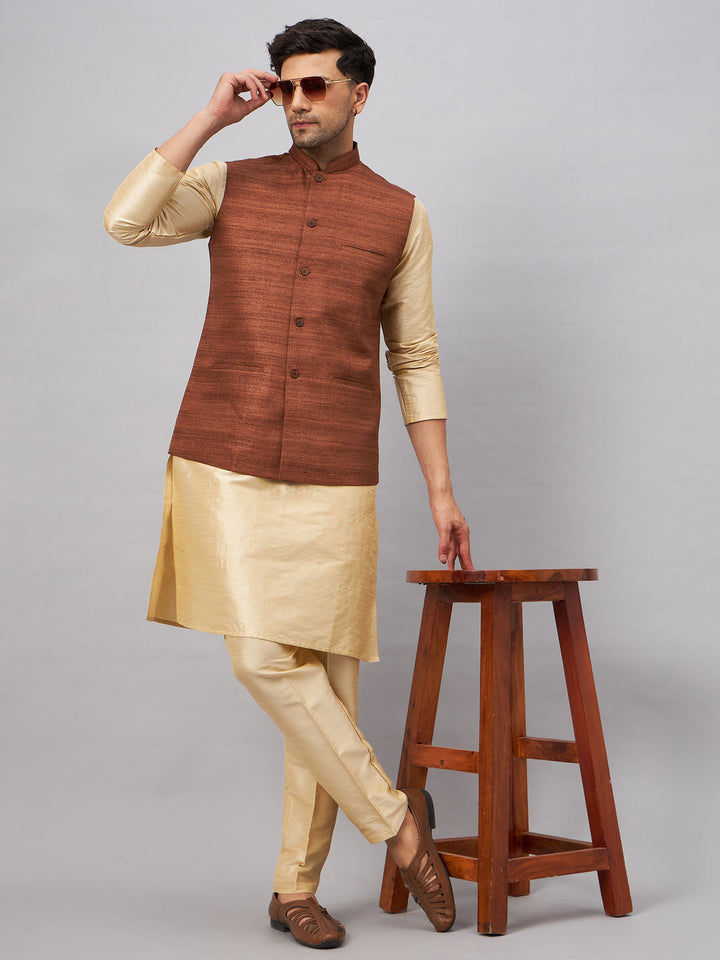 Sophisticated VM BY VASTRAMAY men's ensemble with coffee jacket and gold kurta