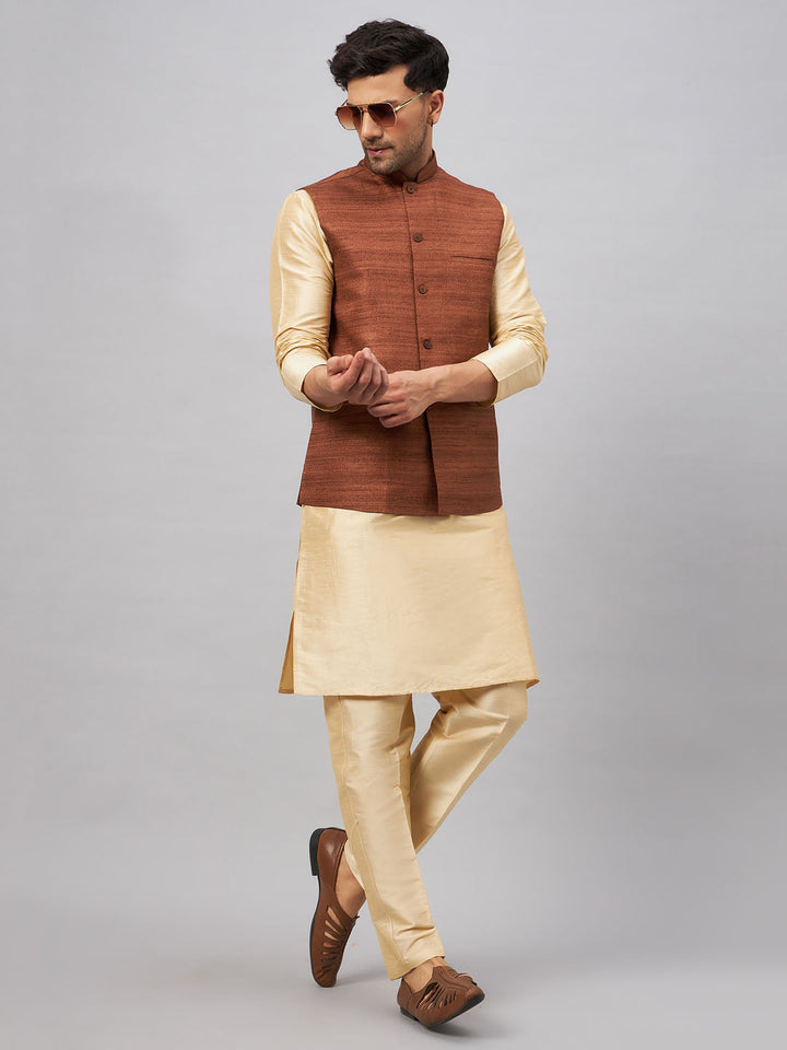 Formal men's outfit with coffee-colored jacket, gold kurta, and pants