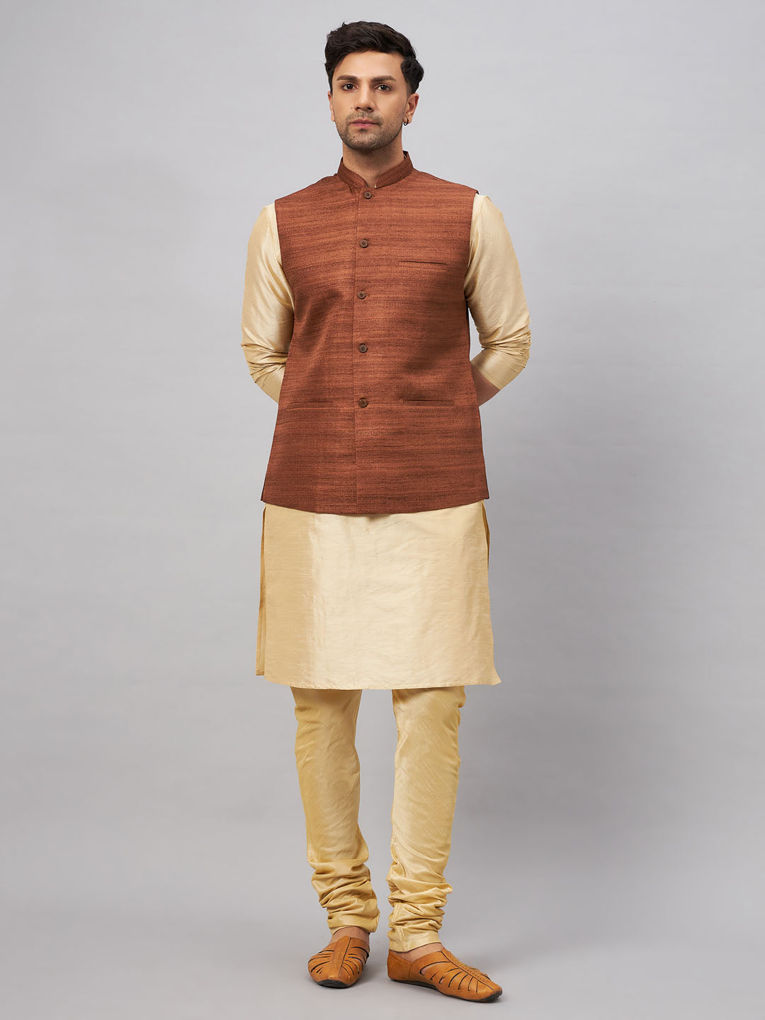 VM BY VASTRAMAY Men's Coffee Jacket With Gold Kurta And Pyjama Set