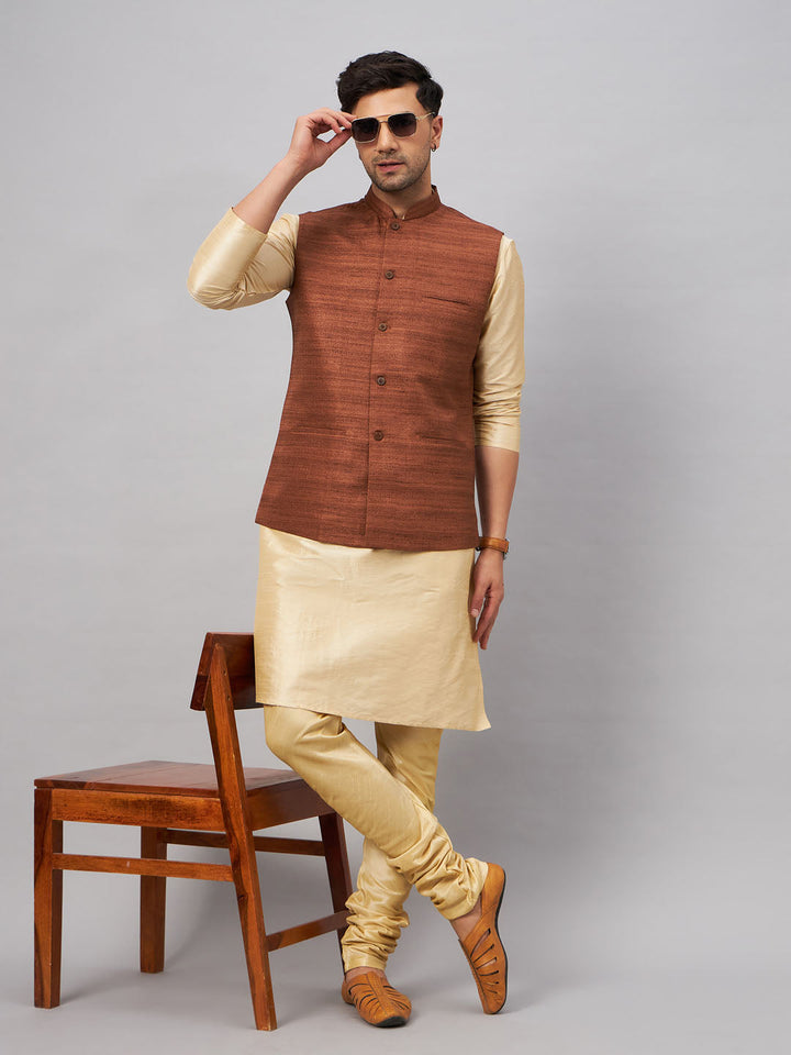 VM BY VASTRAMAY Men's Coffee Jacket With Gold Kurta And Pyjama Set