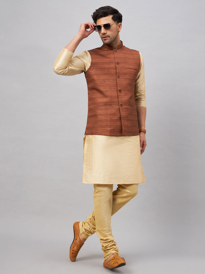 VM BY VASTRAMAY Men's Coffee Jacket With Gold Kurta And Pyjama Set