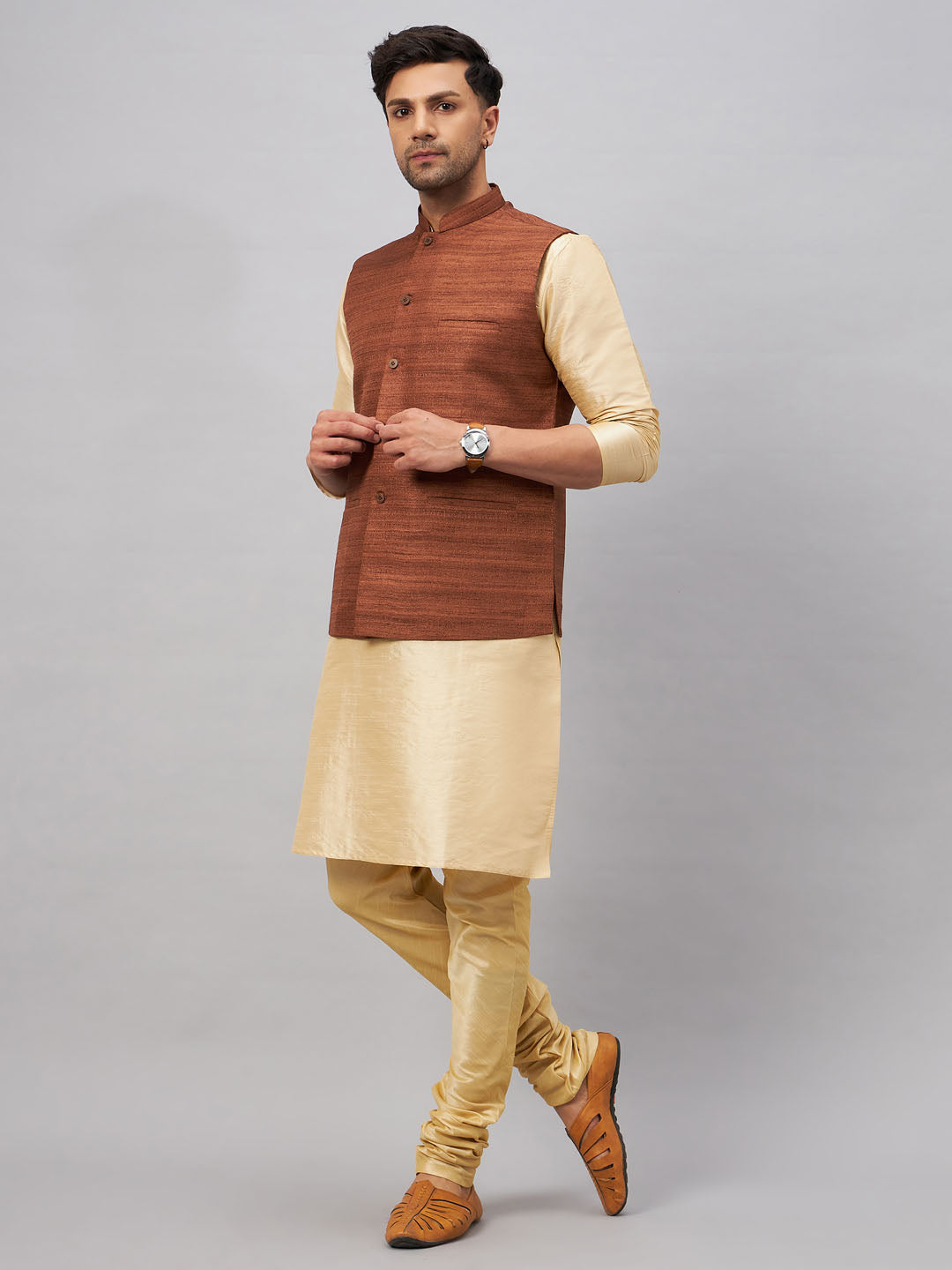 VM BY VASTRAMAY Men's Coffee Jacket With Gold Kurta And Pyjama Set