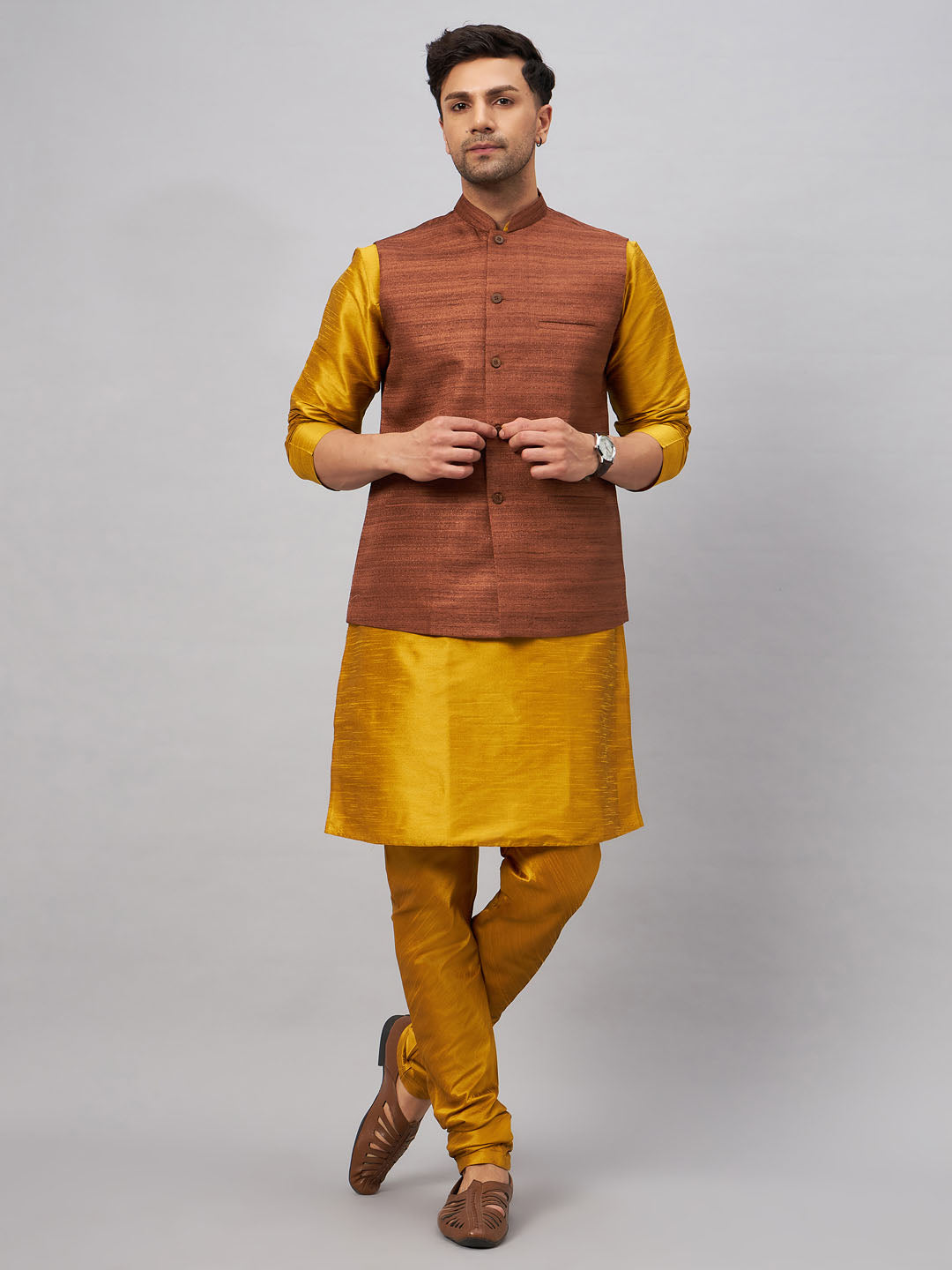 VM BY VASTRAMAY Men's Coffee Jacket With Mustard Kurta And Pyjama Set