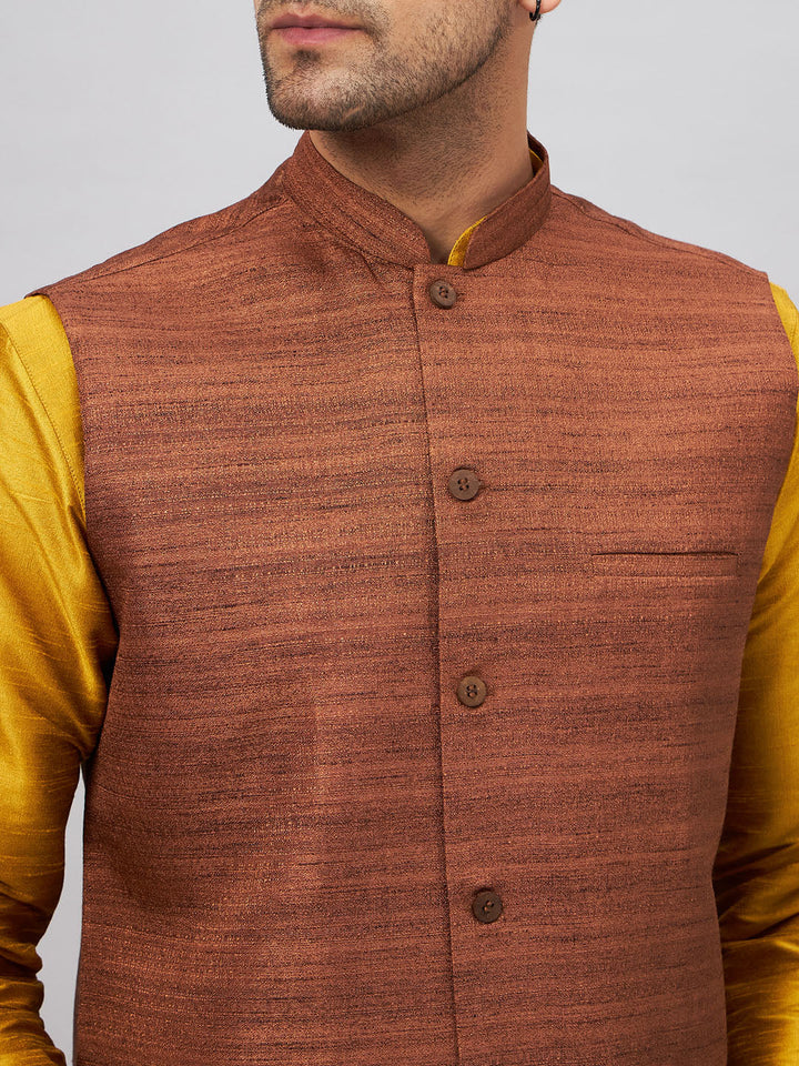 VM BY VASTRAMAY Men's Coffee Jacket With Mustard Kurta And Pyjama Set