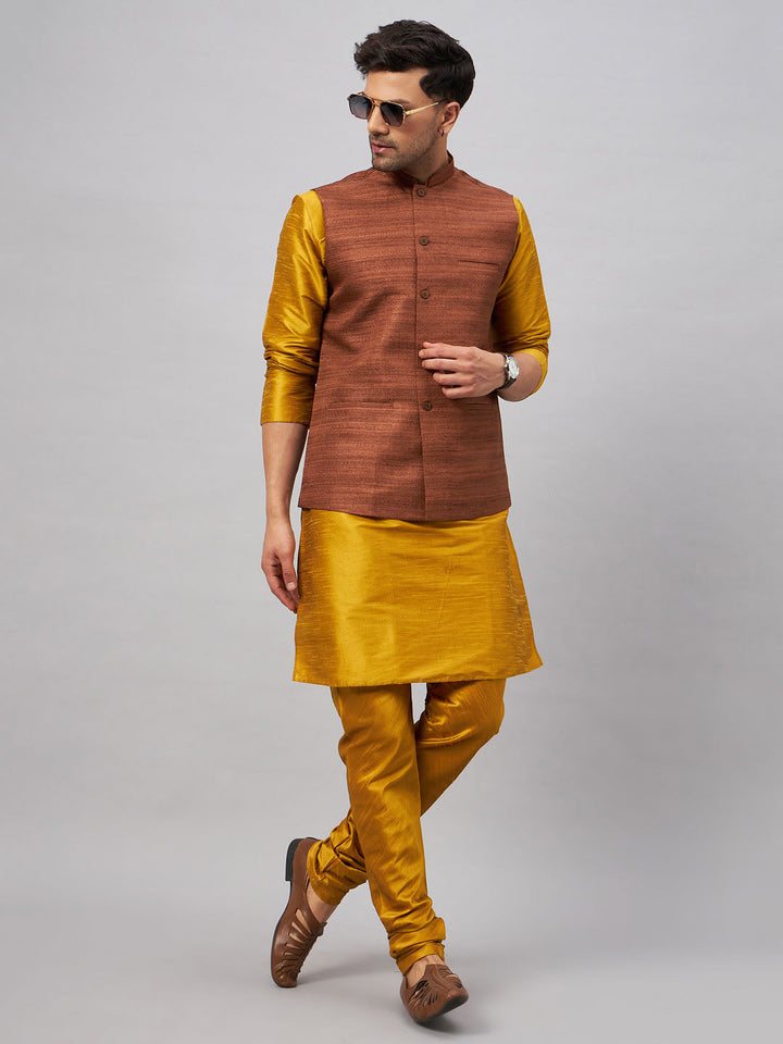 VM BY VASTRAMAY Men's Coffee Jacket With Mustard Kurta And Pyjama Set