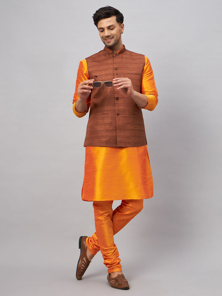 VM BY VASTRAMAY Men's Coffee Jacket With Orange Kurta And Pyjama Set