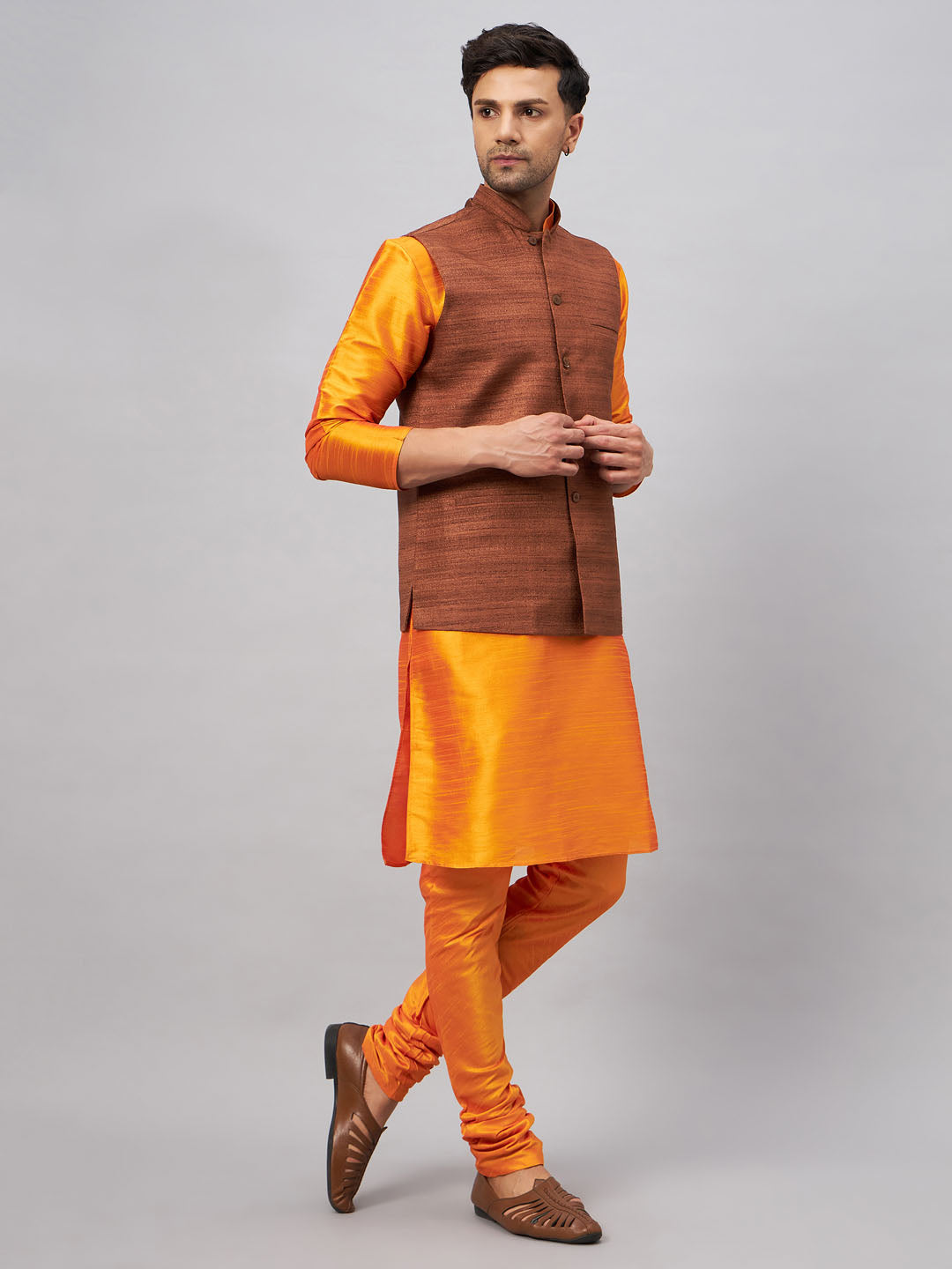 VM BY VASTRAMAY Men's Coffee Jacket With Orange Kurta And Pyjama Set