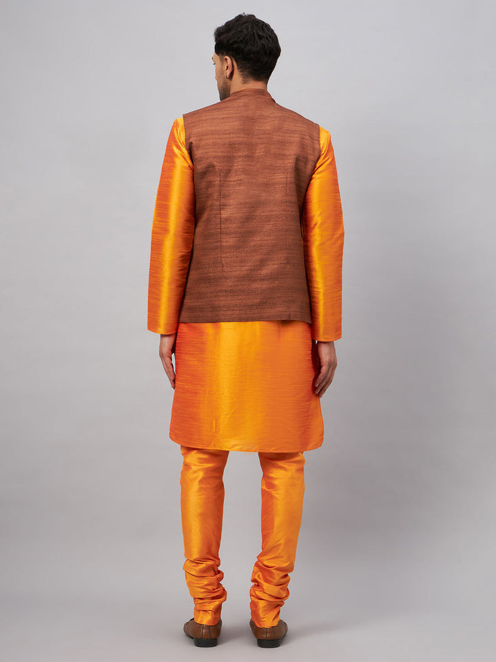 VM BY VASTRAMAY Men's Coffee Jacket With Orange Kurta And Pyjama Set