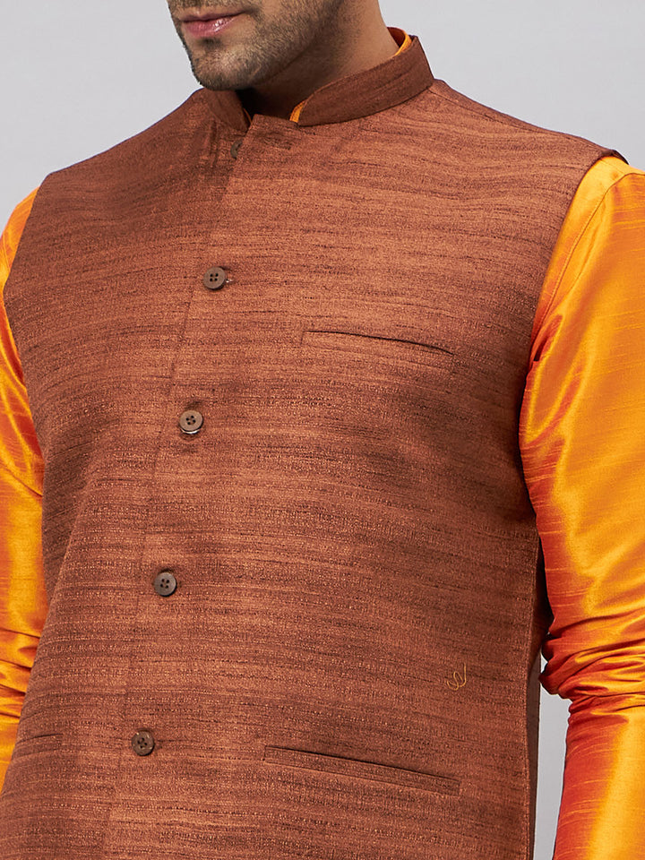 VM BY VASTRAMAY Men's Coffee Jacket With Orange Kurta And Pyjama Set