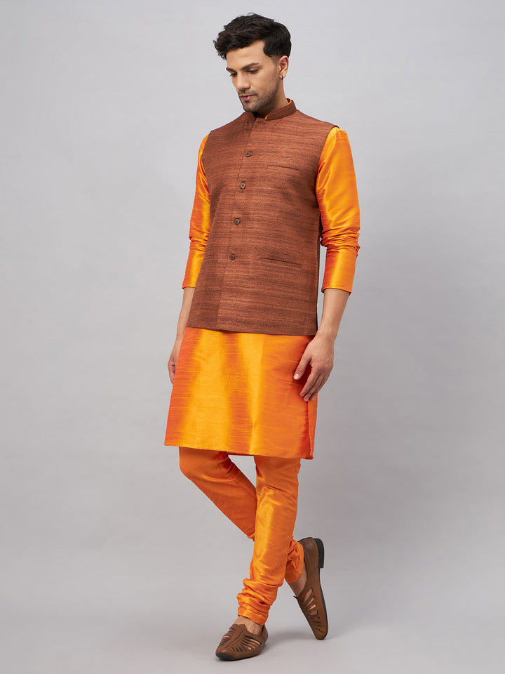 VM BY VASTRAMAY Men's Coffee Jacket With Orange Kurta And Pyjama Set