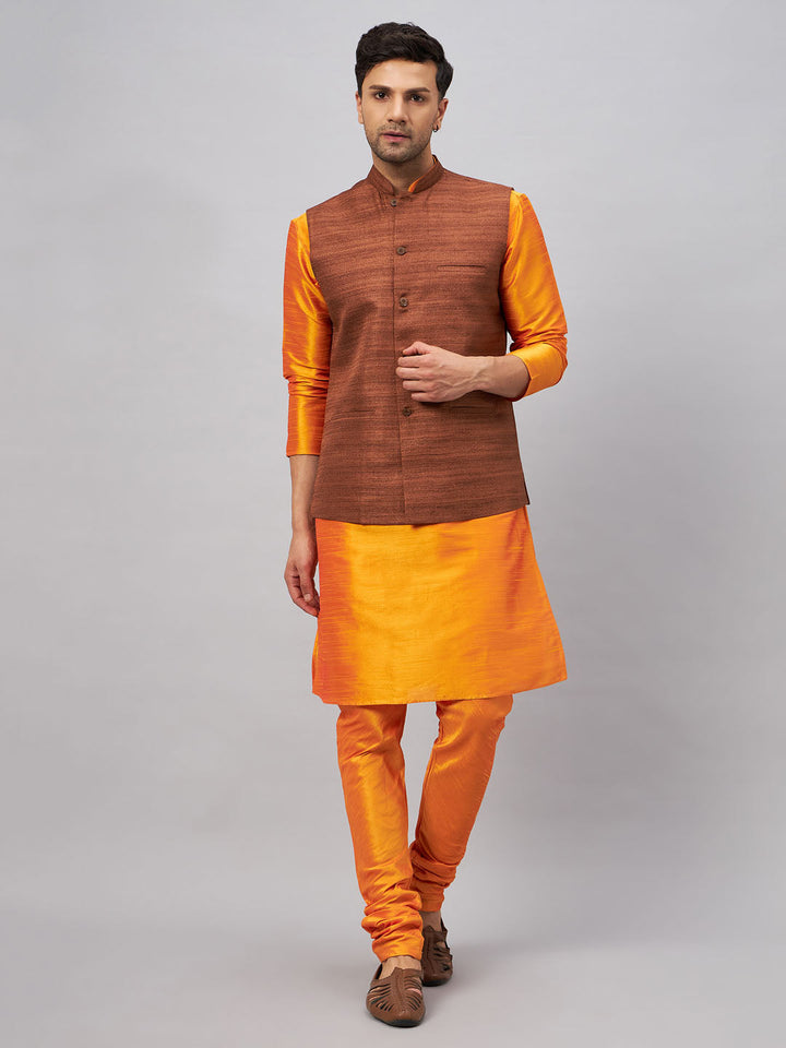 VM BY VASTRAMAY Men's Coffee Jacket With Orange Kurta And Pyjama Set