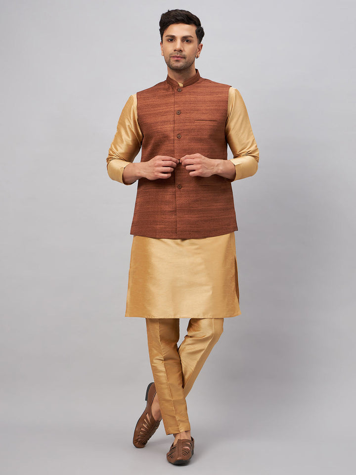  Full-length image of the men's coffee jacket with rose gold kurta and pant set, showcasing the complete outfit and stylish appearance