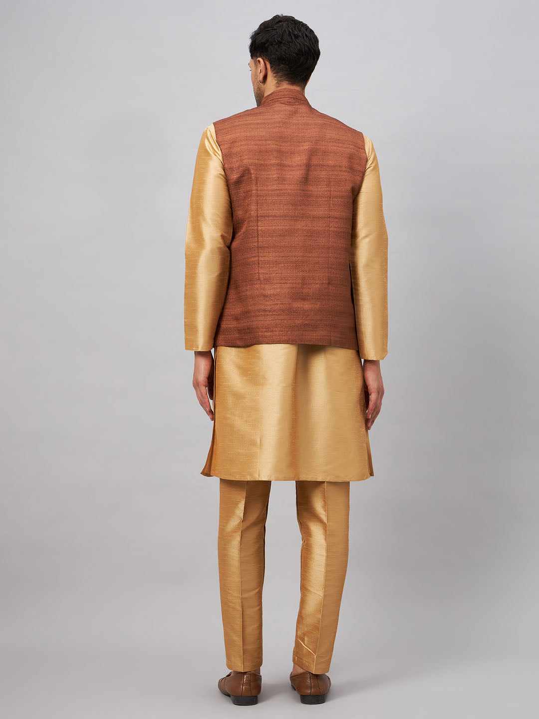 VM BY VASTRAMAY Men's Coffee Jacket With Rose Gold Kurta And Pant Set, featuring a sophisticated coffee-colored jacket paired with a stylish rose gold kurta and matching pants, perfect for formal occasions and events