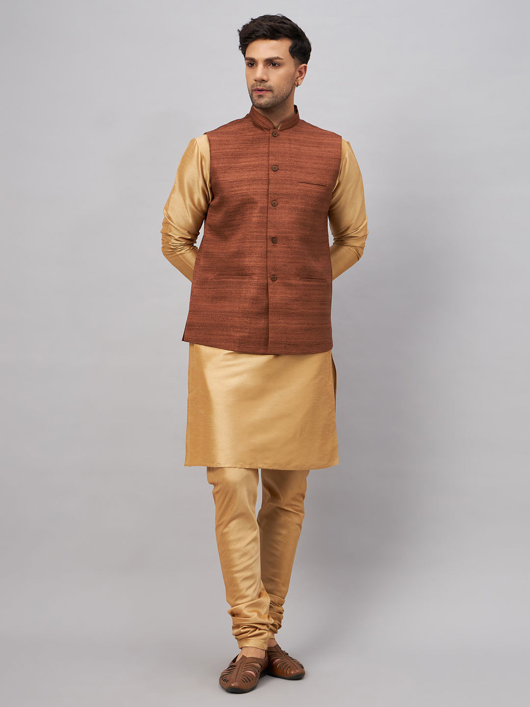 VM BY VASTRAMAY Men's Coffee Jacket With Rose Gold Kurta And Pyjama Set