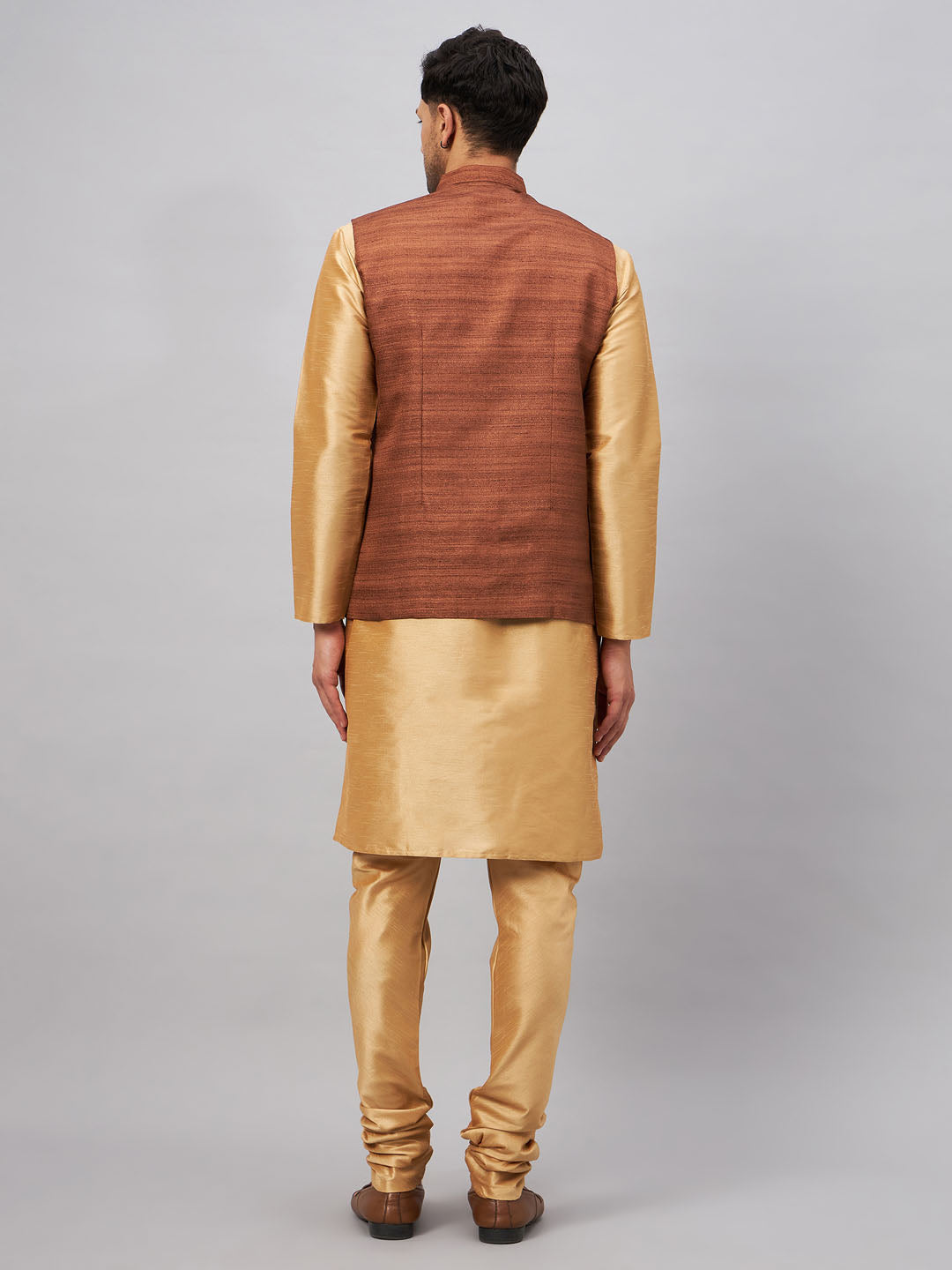 VM BY VASTRAMAY Men's Coffee Jacket With Rose Gold Kurta And Pyjama Set