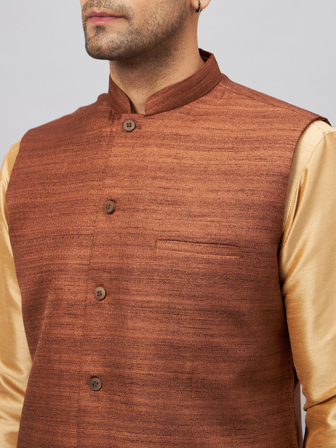 VM BY VASTRAMAY Men's Coffee Jacket With Rose Gold Kurta And Pyjama Set