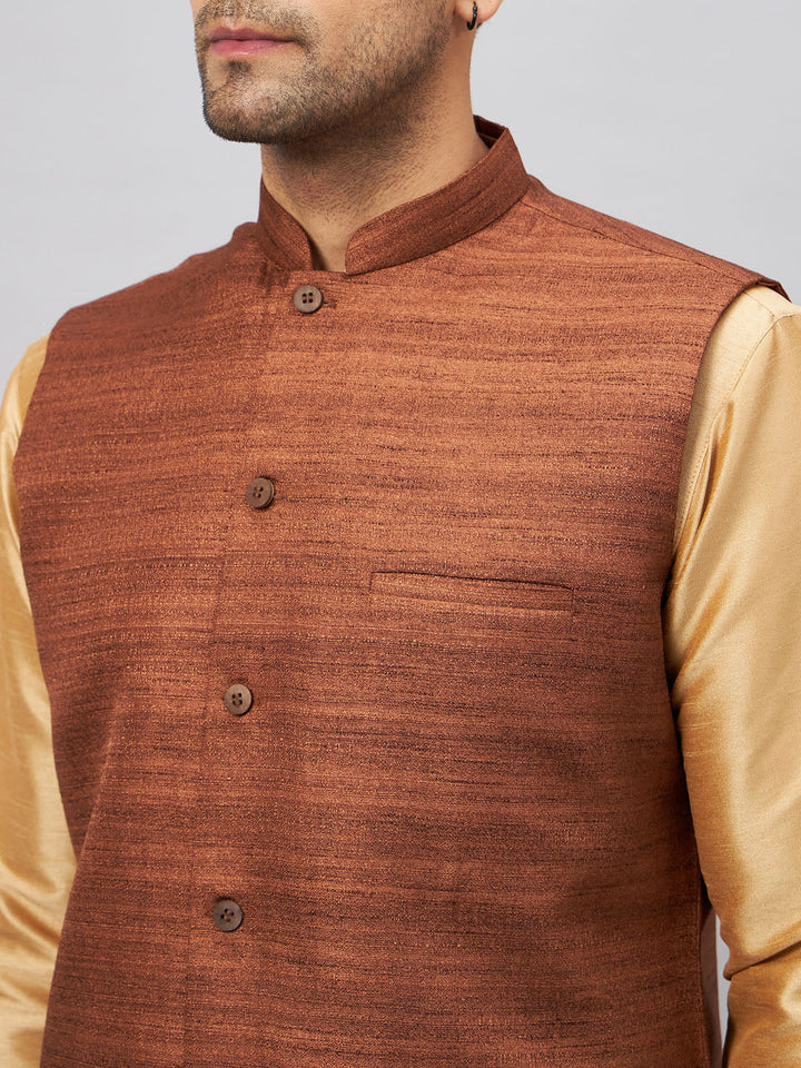 VM BY VASTRAMAY Men's Coffee Jacket With Rose Gold Kurta And Pyjama Set